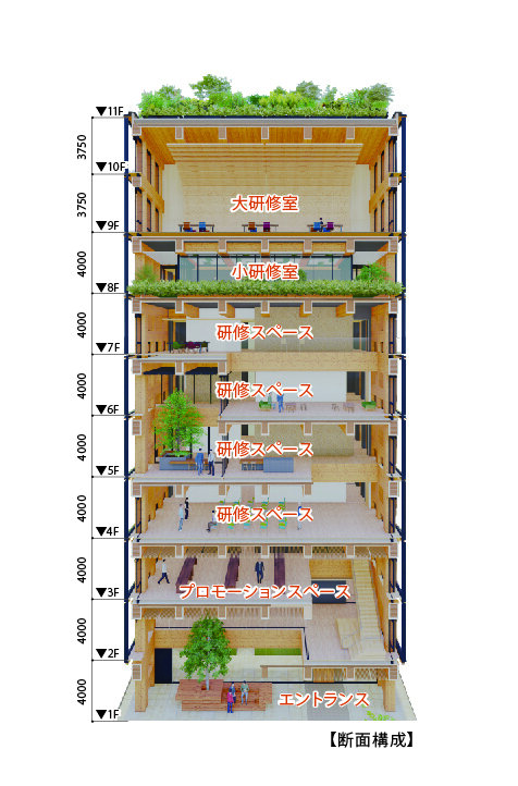 建築中の研修施設（2022年竣工予定・純木造免震構造耐火建築物）