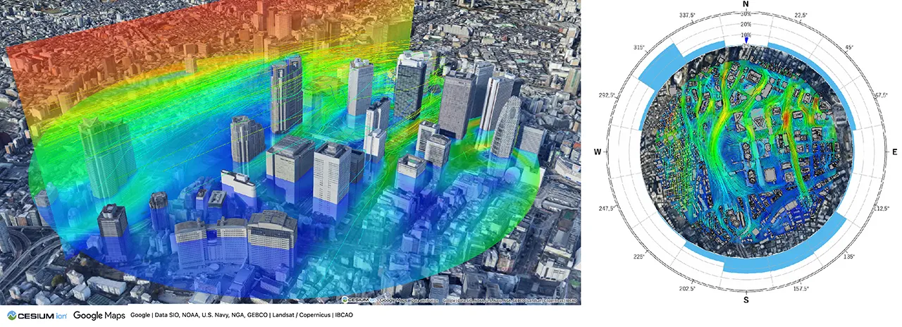 建物や市街地周辺の風の流れや風速分布を3D地図上に重ねて表示した解析結果