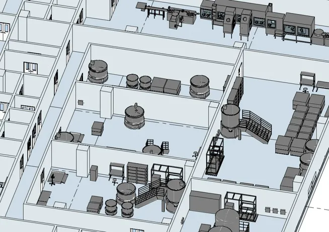 製造設備や作業区画を配置したバイオ医薬品関連施設の3Dモデル