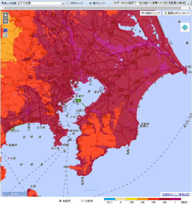 (Map of areas of measured seismic intensity that have a 10% probability of being struck by a certain tremor in 50 years)