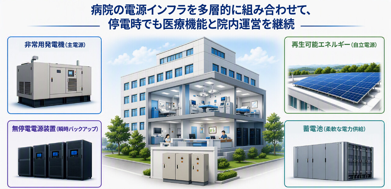 非常用発電機や無停電電源装置、再生可能エネルギー、蓄電池などを組み合わせて、停電時でも医療機能と院内運営を継続