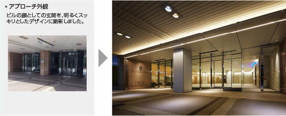 アプローチ外観：ビルの顔としての玄関を、明るくスッキリとしたデザインに刷新しました。
