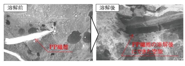 PP繊維の融解状況（電子顕微鏡による視察）