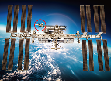 国際宇宙ステーションの「きぼう」日本実験棟 船外曝露実験場所（〇部分）