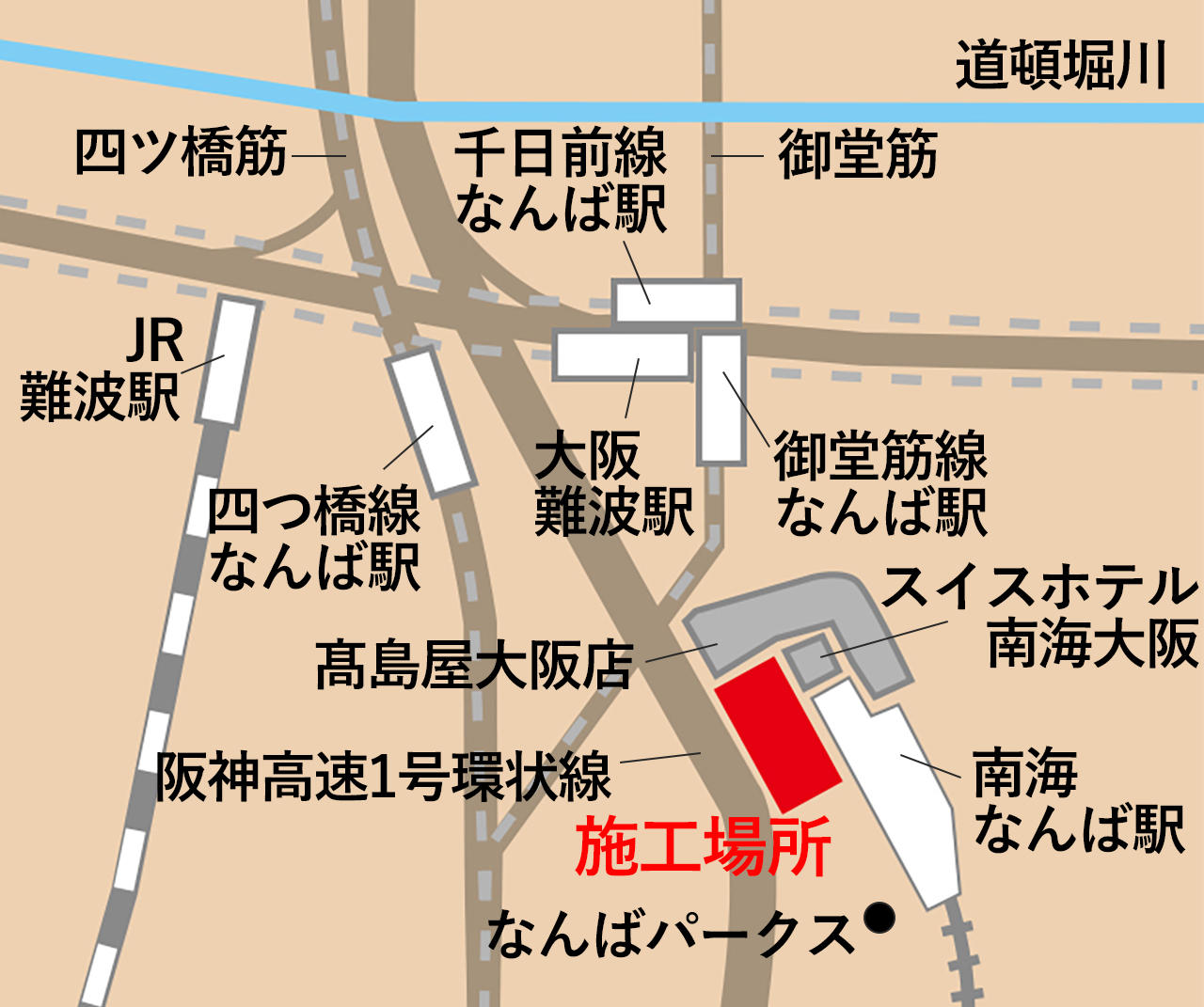 設計施工で進める工事は、交通インフラに囲まれた往来の激しい場所で行われている