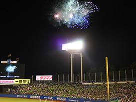 5回裏終了時には夏休みの特別花火300発が夜空を彩り、参加者から歓声が上がりました