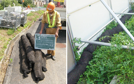 リユース（再利用）の取り組みでは伐採木をチップ化してフィルターソックスに充てん(左）。土砂流出防止に活用し河川などの環境保全に貢献しました（右）