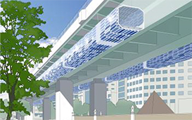 高速道路の高架橋桁に自転車専用道をつり下げ、自動車や歩行者と交わらない専用道を整備