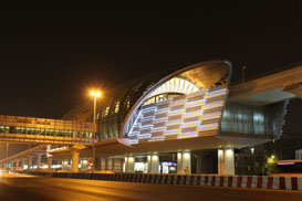 Station building with light up at night