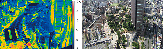 夜間のサーモグラフィ画像（2011年8月3日 3:00）と、なんばパークスの外観（右）