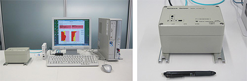 （左）地震計とネット接続されているPC、（右）地震計外観